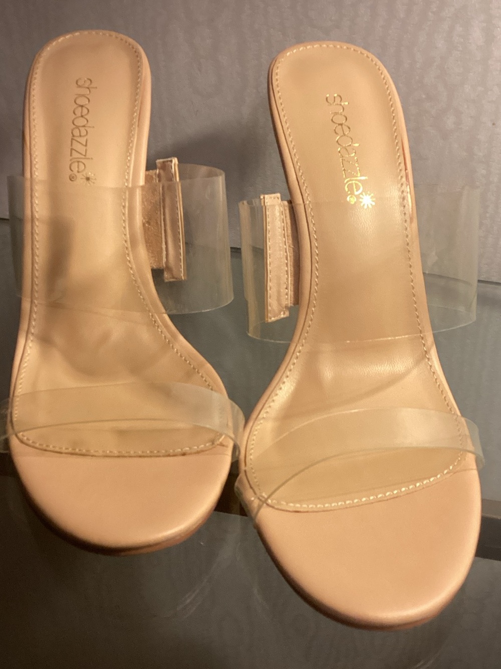 Shoe Dazzle Nude Clear-Strap Slide Heels SZ 9, $25. - Picture 2 of 8